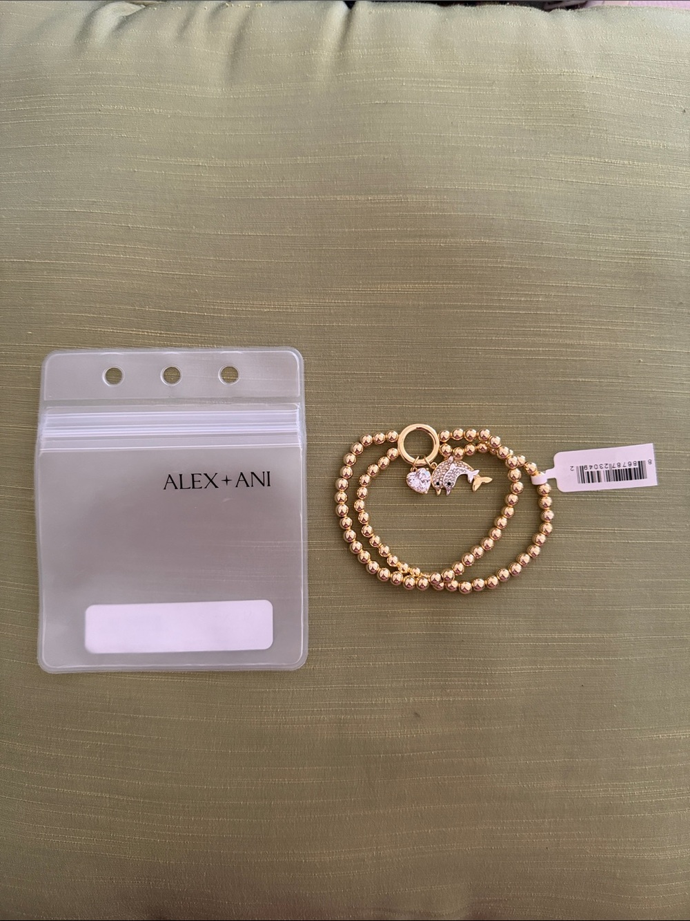 Alex and Ani Gold Beaded Triple Bracelet with Dolphin and Heart Charms